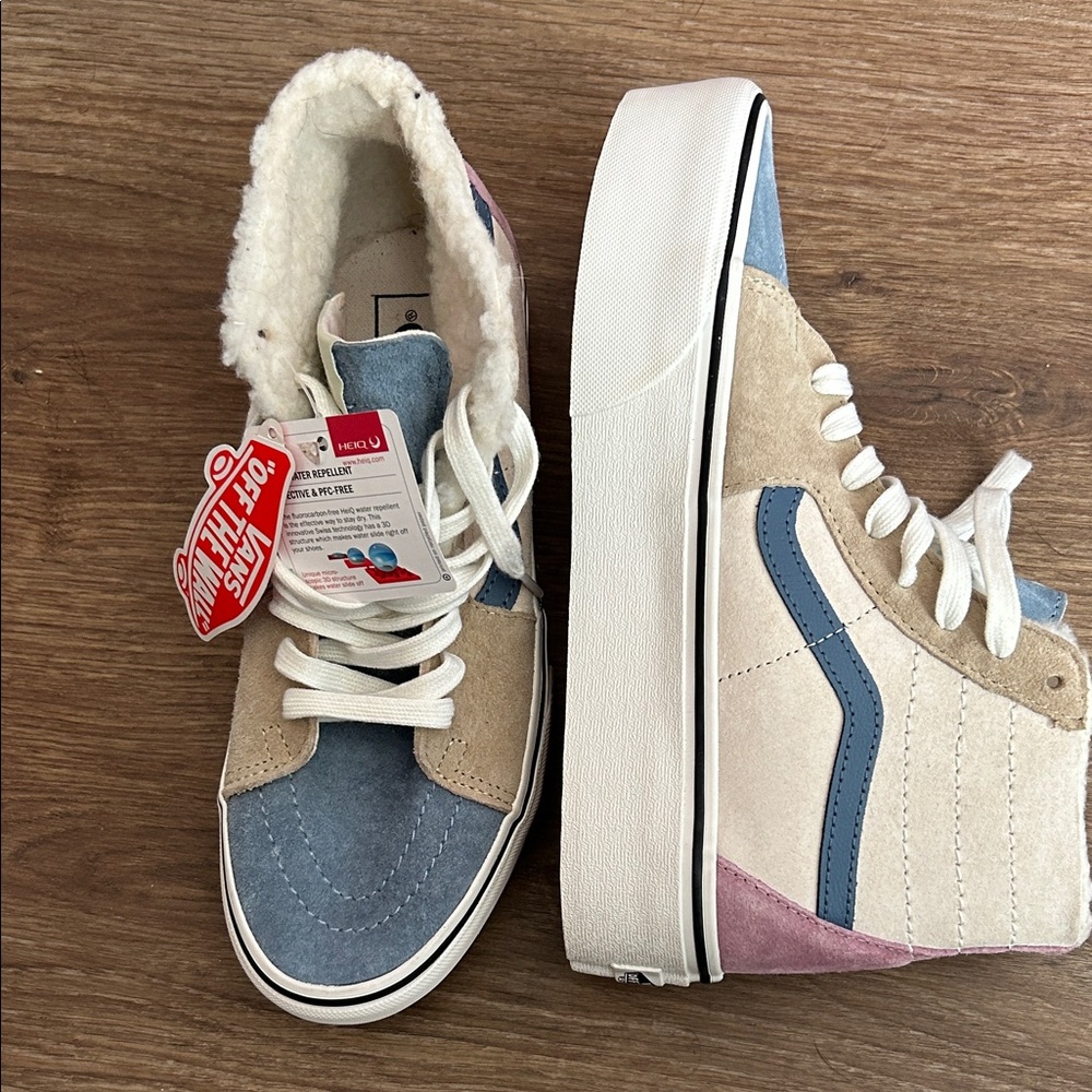 Blue and Beige High-Top Vans Sneakers